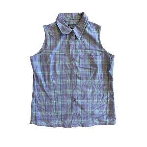 Woolrich Womens Sleeveless Plaid Button Up Shirt Vest Purple Green Cotton Size M